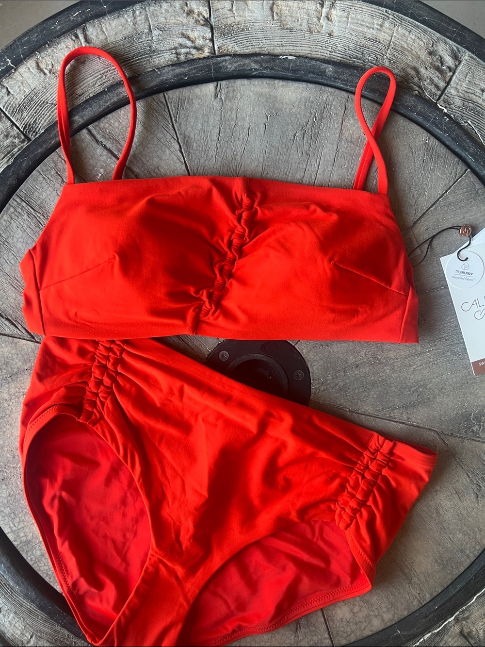 Calia Bright Orange Red Ruched Bandeau Bikini Set